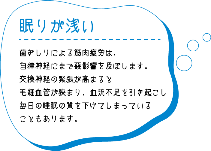 眠りが浅い 歯ぎしりによる筋肉疲労は、自律神経にまで悪影響を及ぼします。交換神経の緊張が高まると毛細血管が狭まり、血流不足を引き起こし毎日の睡眠の質を下げてしまっていることもあります。